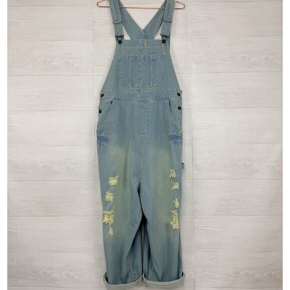Monthorigin Loose Fit Baggy Distressed Denim Drop Crotch Overalls Size L Slouchy - Picture 1 of 14